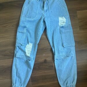 SHEIN Light Blue Distressed Cargo Jeans